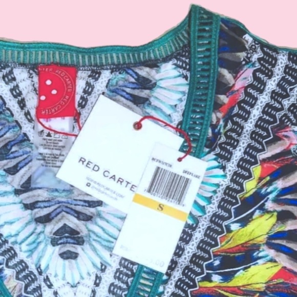 $145 Red Carter Swim Cover Up Small Blue Feather Print Ladder Insert Bell Sleeve - Picture 11 of 16